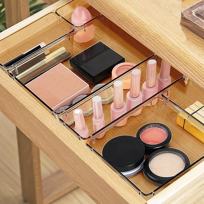 StorMiracle 25 PCS Drawer Organizer Set, 5 Varied Size Bathroom and kitchen Drawer cabinet organizer Trays, Clear Storage Bins for Makeup, Jewelry, Utensils and Gadgets, Champagne - Image 5