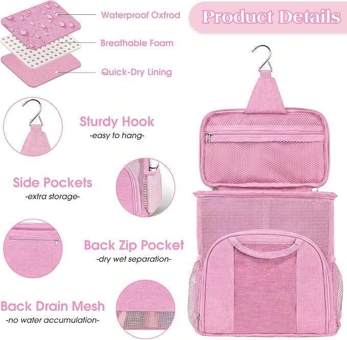 Attmu Mesh Shower Caddy Portable Dorm Tote Bag, Quick Dry Hanging Toiletry Bag, Large Capacity Shower Bag for College Dorm Room Essentials for Boys and Girls for Bath Camping (Light Pink) - Image 4