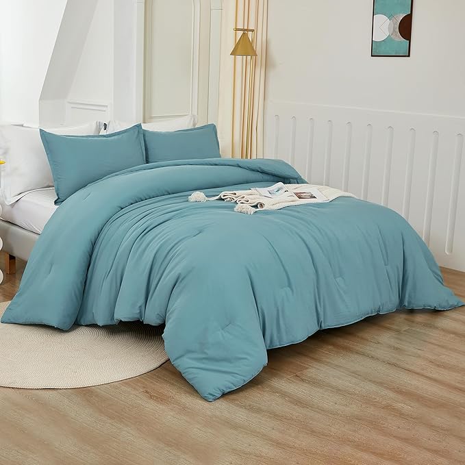 Litanika Oversized King Comforters Grayish Teal Super King Plus Size, 3 Pieces Lightweight Solid Bedding Comforter Set, All Season Fluffy Bed Set (128x120In Comforter & 2 Pillowcases)