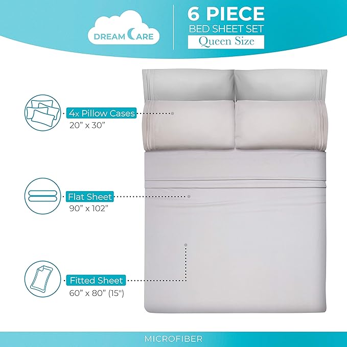 DREAMCARE Queen Sheet Set - 6 pcs Breathable Cooling Bed Sheets - up to 15" Deep Pocket Queen Sheets Set with Side Pockets - Extra Soft 100% Brushed Hypoallergenic Hotel Luxury Bedding - L Gray