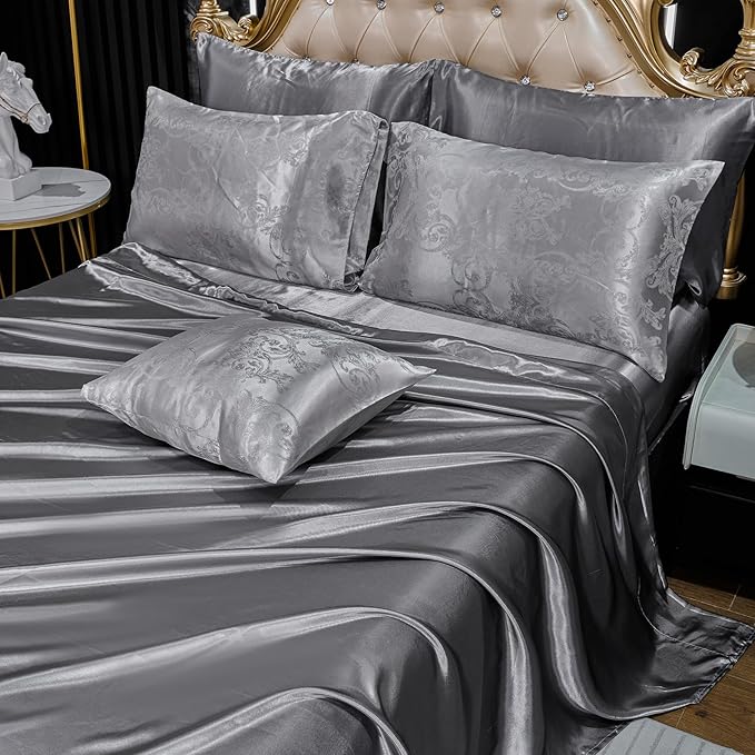 Grey Comforter King Jacquard Bedding with Grey Satin Sheet Set Royal Embroidery Neoclassical Floral Home Decor Soft Luxury Hotel Bed in a Bag 8 Pcs Include 1 Cushion Cover