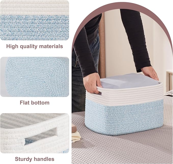 OIAHOMY 4 Pack Storage Baskets for Organizing, Basket for Shelves with Handle, Woven Baskets for Storage Toys, Towels, Books, Cotton Rope Basket 13" L x 9 " W x 7.8 " H, Light Blue & White - Image 3