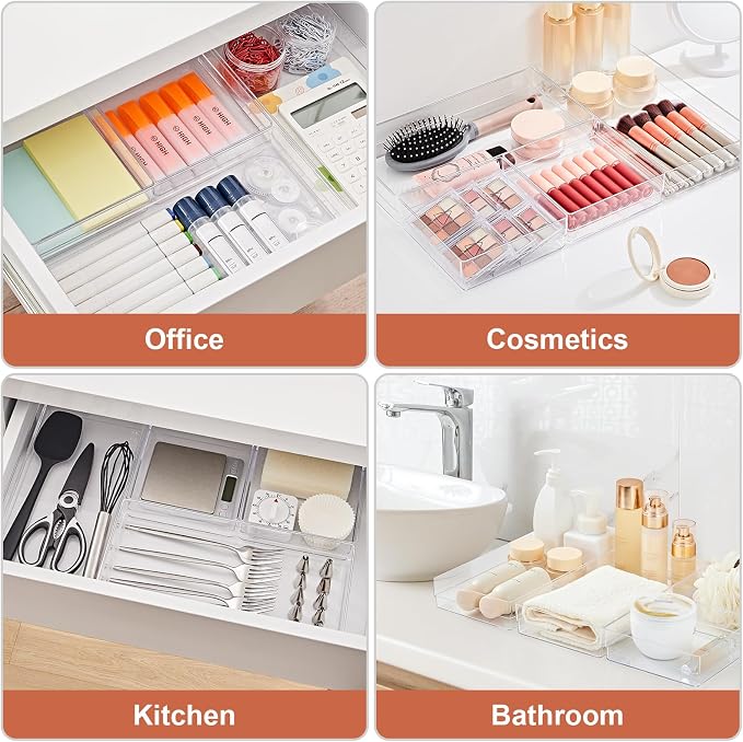 SMARTAKE 6 PCS Clear Plastic Drawer Organizers Set, Large Size Non-Slip Desk Drawer Organizer, 2-Size Versatile Bathroom and Vanity Drawer Organizer Trays for Makeup, Bedroom, Office, Kitchen Utensils - Image 7