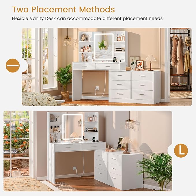 FIONESO Vanity Desk with LED Light Mirror & Power Outlet, 8 Drawers, 6 Storage Shelves, 3 Color Modes & Adjustable Brightness Makeup Vanity, Corner Vanity, L Shape Vanity, 39.4”-64.9" Desk, White