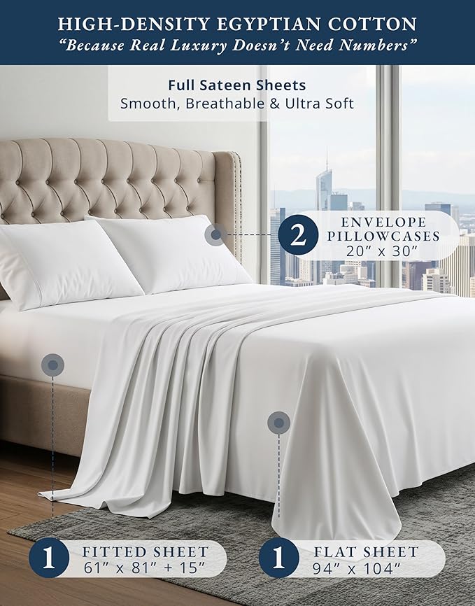LANE LINEN 100% Egyptian Cotton Full Size Bed Sheets, Soft & Comfy Luxury Hotel Style Thick Full Size Sheets, Fully Elasticized Reinforsed Seams No Pill Natural Cooling - White Sheets