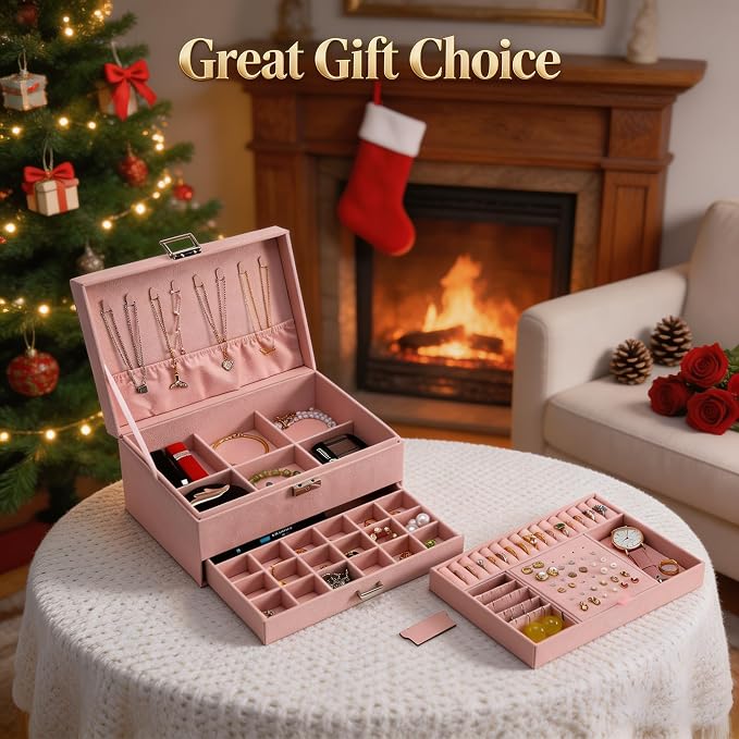 Jewelry Organizer Box for Women Girls, Jewelry Box 3-Tier Jewelry Display Case and Organizer,Lockable Jewelry Display Case Anti Tarnish,Varying Compartments for Necklaces, Bracelets, Rings - Image 5