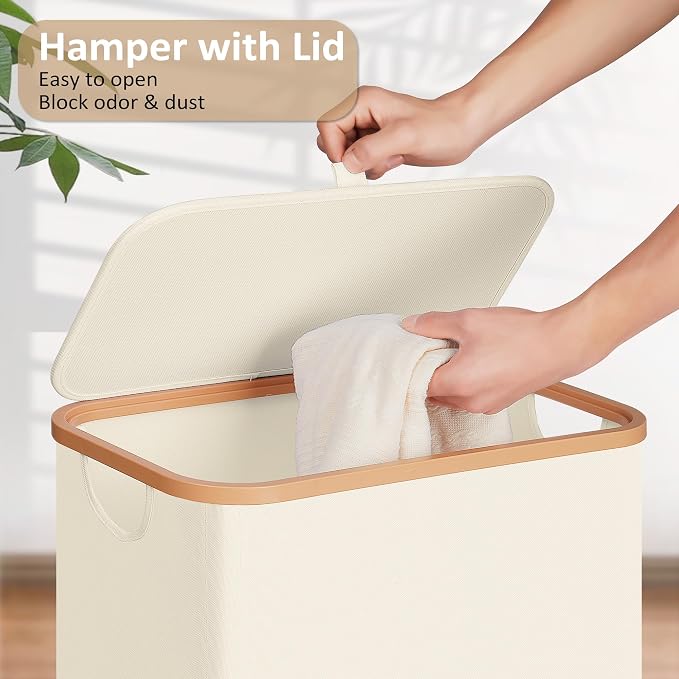 Vincona Slim Laundry Basket with Lid, Narrow Dirty Clothes Hampers for Laundry with Handle, Skinny Laundry Bin for Laundry Room, Dorm, Bedroom and Bathroom, 19.8 Gallon (75L) Beige - Image 2