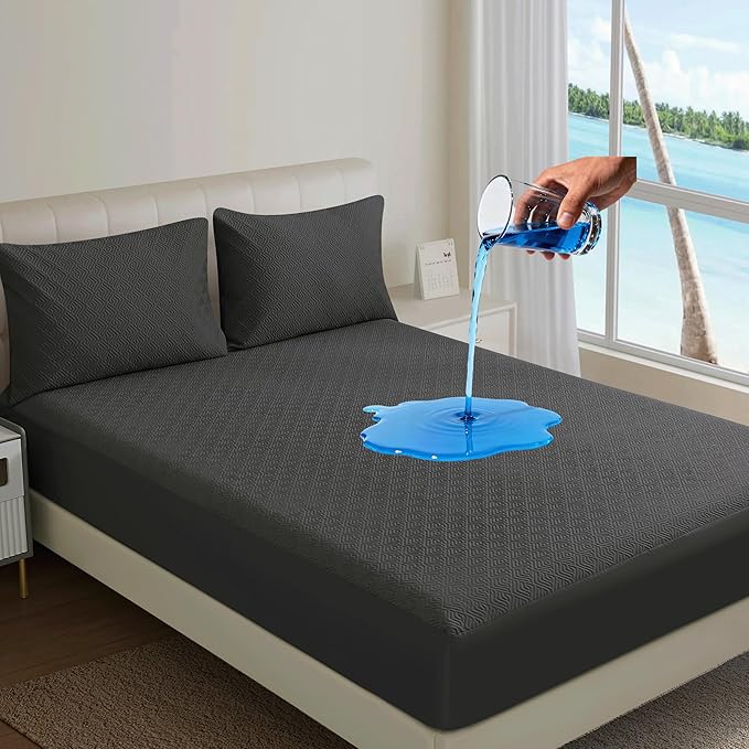 100% TPU Waterproof Mattress Protector Sets with 1 Fitted Sheet & 2 Pillowcases 18 Inches Deep Pocket Breathable Incontinence Pads for Adults Kids Elderly Pets (Black, Queen)