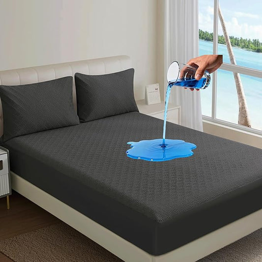 100% TPU Waterproof Mattress Protector Sets with 1 Fitted Sheet & 2 Pillowcases 18 Inches Deep Pocket Breathable Incontinence Pads for Adults Kids Elderly Pets (Black, Twin XL)