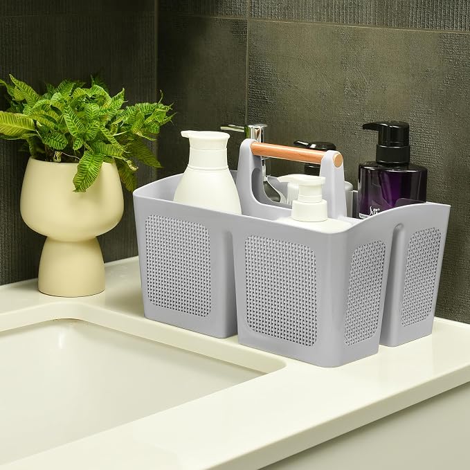 ALINK Portable Shower Caddy Basket with Compartments, Plastic Divided Cleaning Caddy Organizer Storage Tote with Handle for Bathroom, College, Dorm Room Essentials, Light Gray - Image 3