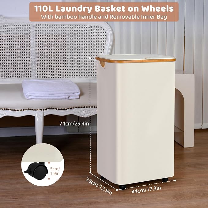 Laundry Basket with Wheels, 110L Beige Clothes Hamper for Laundry, Laundry Hamper with Lid and Inner Bag, Beige - Image 2