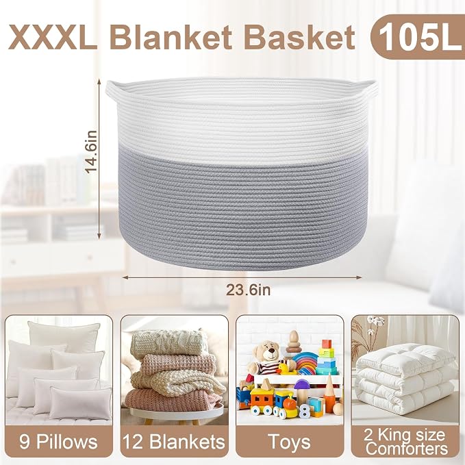 XXXL Large Laundry Basket, 105L Soft Cotton Rope Basket, Blanket Storage and Organizers, Baby Nursery Laundry Hamper, Extra Large Toys Storage Bins for Kids 23.6'' x 14.6'', White & Gray - Image 2