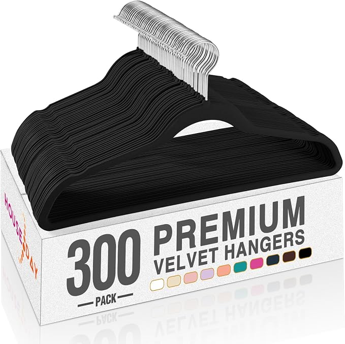 HOUSE DAY Black Velvet Hangers 300 Pack, Premium Clothes Hangers Non-Slip Felt Hangers, Sturdy Black Hangers Heavy Duty Coat Hangers, Durable Suit Hangers, Space Saving No Hanger Mark Rotating Hook by HOUSEDAY