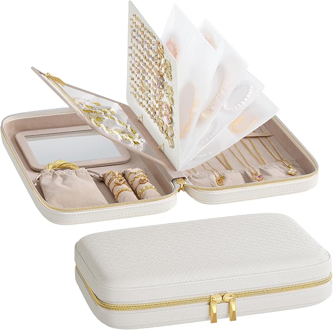 SONGMICS HOME Travel Jewelry Case, Jewelry Organizer Box with Mirror, Jewelry Pouch, Woven Embossed PU Leather, Hard Shell, Large Capacity, Gift Idea, Cloud White UJBC204W01 by SONGMICSHOME