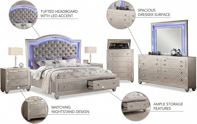 First of a Kind Shiney Contemporary 5 Piece King Bedroom Set High Gloss Silver Finish with Upholstered Headboard, Sleek Modern Bedroom Furniture Set for Coordinated Interiors