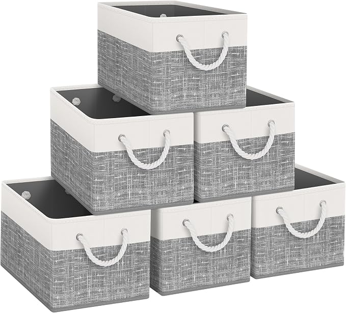 Fab Totes Foldable Storage Baskets - 6-Pack, Organize Toys, Books, Shelves, Closet - Large Storage Box with Rope Handles, Sturdy White & Grey Bins by Fabtotes