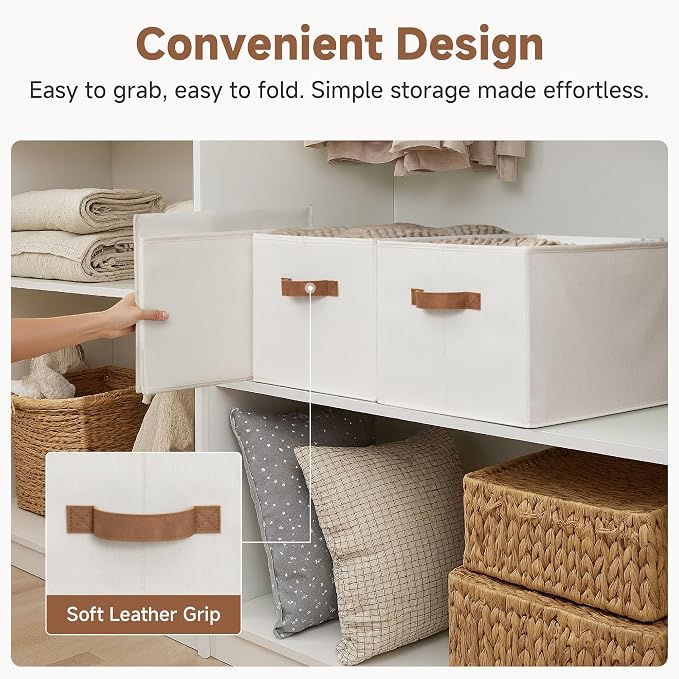 StorageWorks Foldable Storage Bins with PU Handles, Closet Storage Baskets, Fabric Bins for Clothes Storage, Ivory White, 3-Pack, Extra Large - Image 4