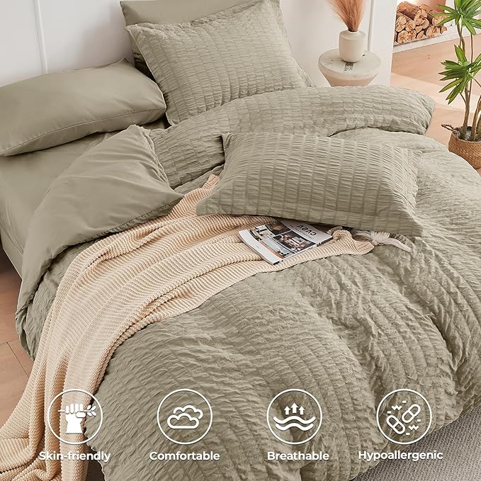 HYMOKEGE Linen King Size Comforter Set Seersucker 7 Pieces, All Season Luxury Bed in a Bag for Bedroom, Bedding Set with Comforter, Sheets, Pillowcases & Shams