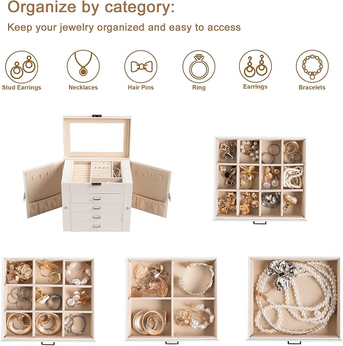 Frebeauty 5-layer Jewelry Box,Faux Leather Jewelry Organizer with 4 Drawers,Jewelry Organizers and Storage with Mirror,Jewelry Holder Organizer for Necklace,Jewerly Boxes for Women Girls(Grey) - Image 3