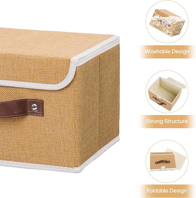 ANMINY 2PCS Storage Bins with Lid PU Leather Handles Storage Boxes PP Plastic Board Decorative Foldable Lidded Cotton Linen Fabric Home Cubes Baskets Closet Organizer Containers - Khaki, Small Size - Image 4