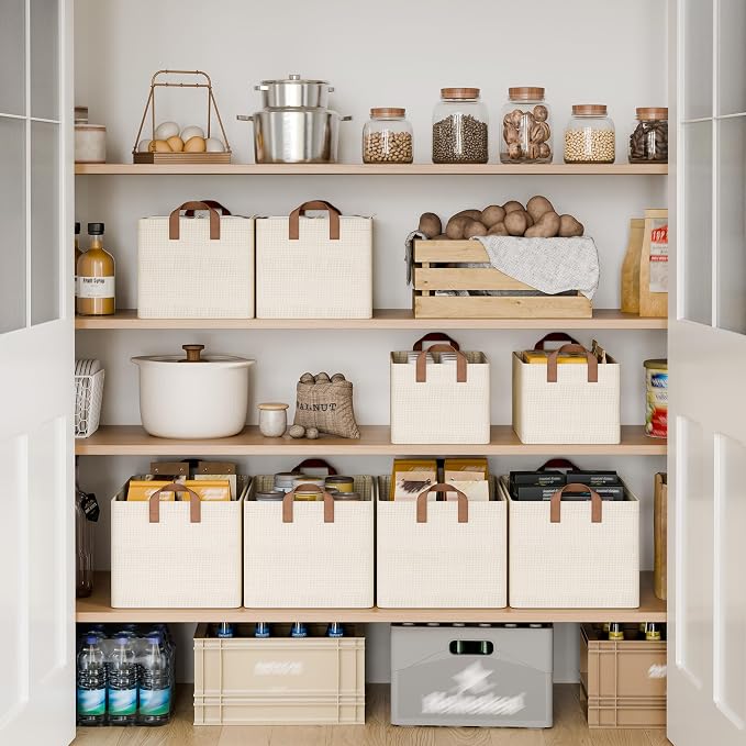 StorageWorks Storage Bins, Shelves Baskets for Organizing, Fabric Closet Organizers with Handles, Metal Frame, Beige-Texture, 2-Pack - Image 3