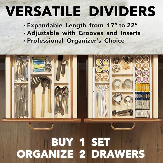 SpaceAid Bamboo Drawer Dividers with Inserts and Labels, Kitchen Adjustable Drawer Organizers, Expandable Organization for Home, Office, Dressers, 10 Dividers with 24 Inserts (17"-22" White) - Image 5