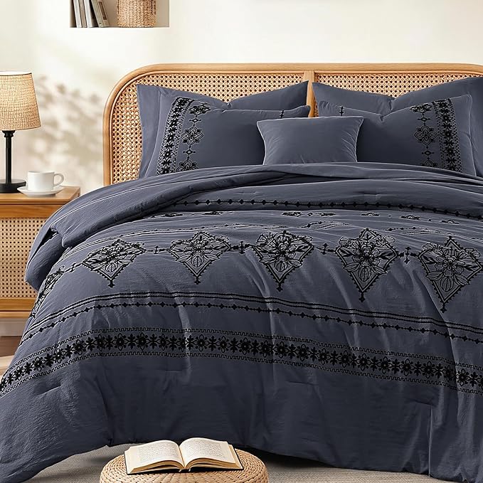 MaiRêve King Size Comforter Set Crown Blue, Embroidery Floral Western Boho Bedding Set, All Season 7 Pieces Bed in a Bag with Sheets, Pillowcases & Shams