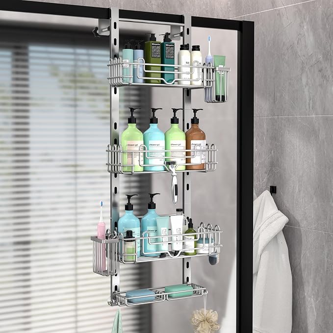 HapiRm Hanging Shower Caddy Organizer - Shower Shelf with 22 Hooks and 2 Toothbrush Holders, No Drilling Adjustable Hanging Bathroom Organizer - Silver by HapiRm