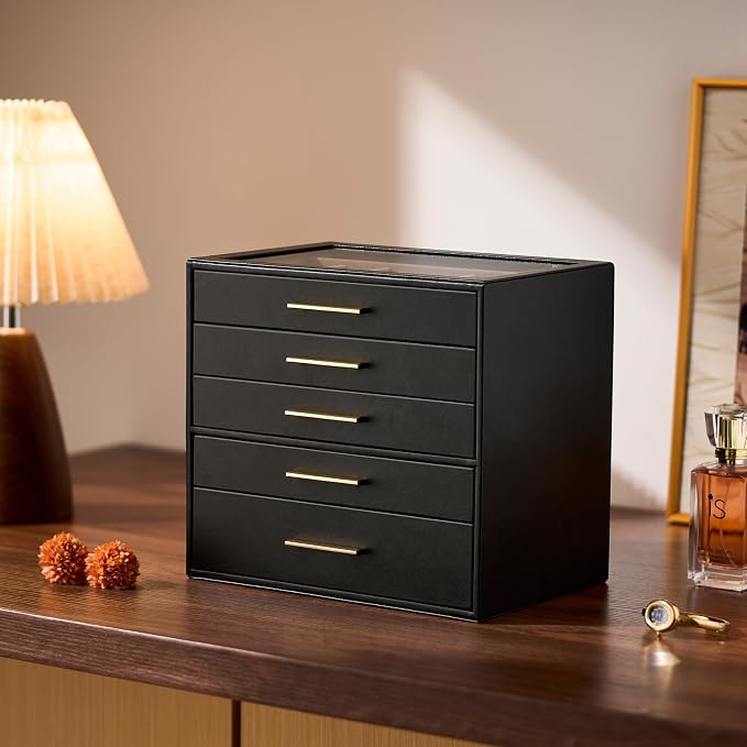 pickpiff Jewelry Box Organizer Case for Women: 5-Layer Jewelry Storage Case with Glass Window, Black Leather with Blush Velvet, Holder for Ring Necklace Bracelet Brooch Watch, Great Gift for Her - Image 4