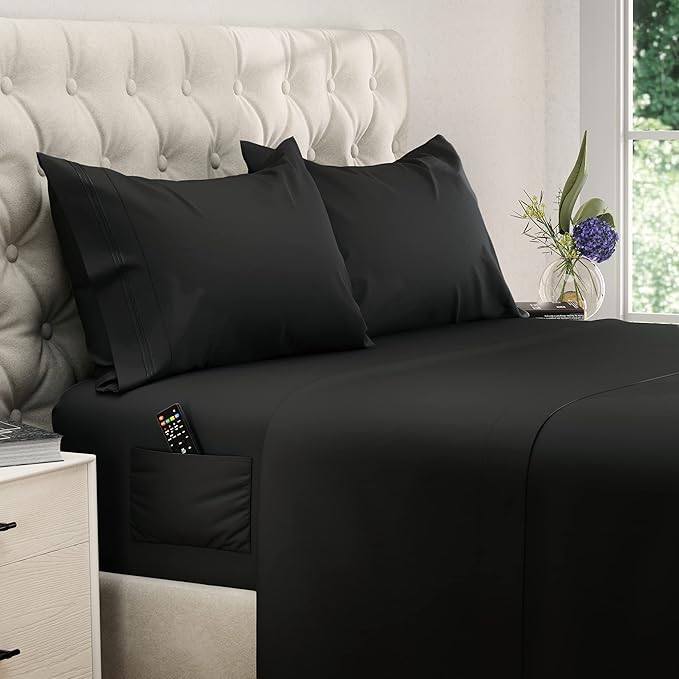 DREAMCARE Twin XL Sheet Sets - 4 pcs Breathable Cooling Bed Sheets - up to 15" Deep Pocket Twin XL Sheets Set with Side Pockets - Extra Soft 100% Brushed Hypoallergenic Hotel Luxury Bedding - Black