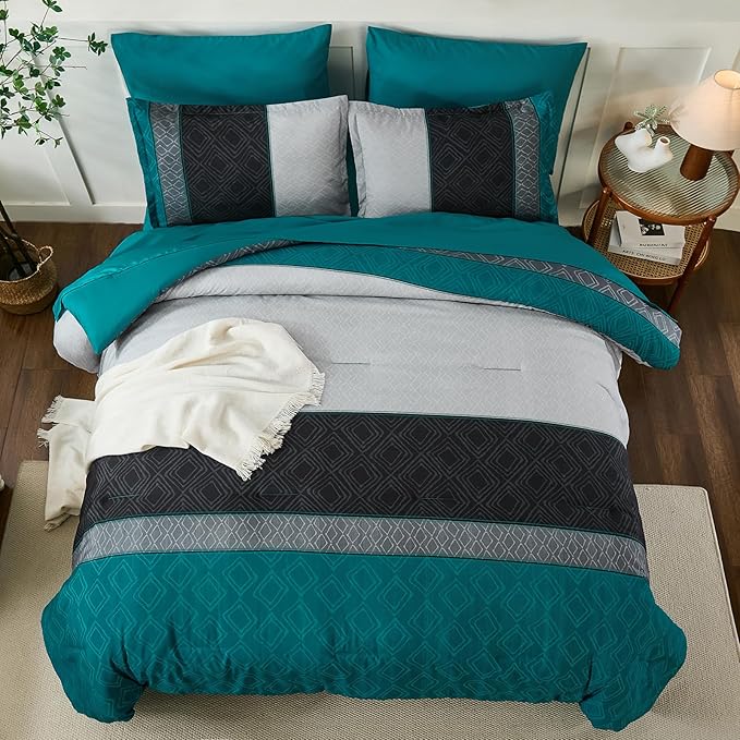 Dinjoy Teal Blue King Size Comforter Set,Striped Boho Bed in a Bag King 7 Pieces Soft Fall Bedding Comforters Sets wiht Sheets Microfiber Complete Bed Sets for All Season