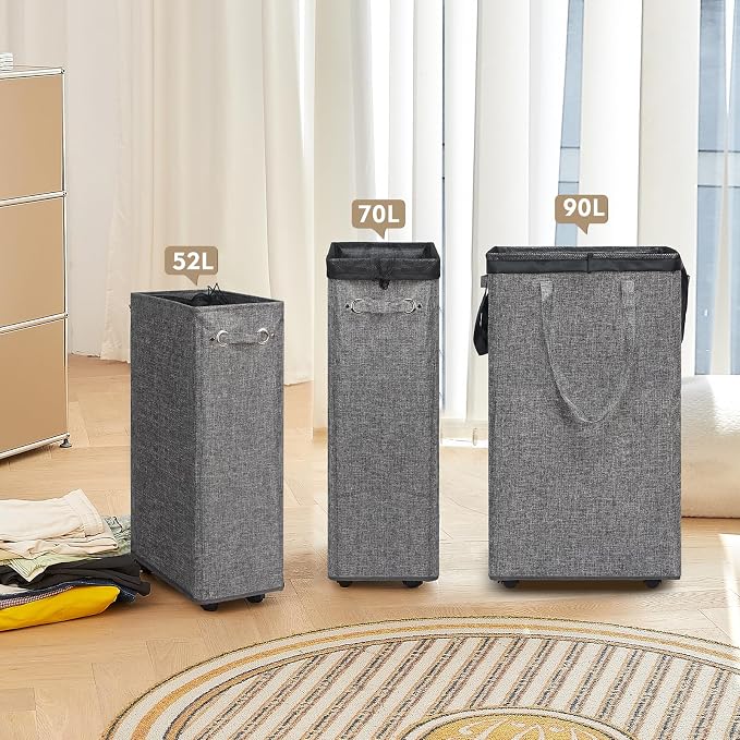 DOKEHOM 25-Inches Slim Laundry Basket on Wheels, Collapsible Rolling Laundry Hamper, Foldable Narrow Corner Clothes Storage Bins (Linen Grey) - Image 7