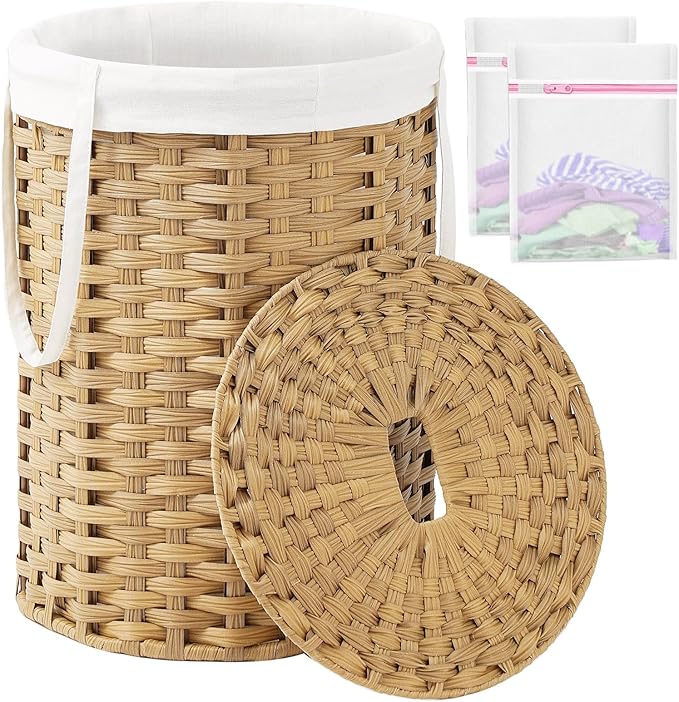 SETVSON Laundry Hamper with Lid Laundry Basket with Lid 19.0 Gal (72 L) Round Wicker Laundry Basket Handwoven Rattan Hamper Removable Bag 2 Mesh Bags Handles for Living Room Bathroom Natural by SETVSON
