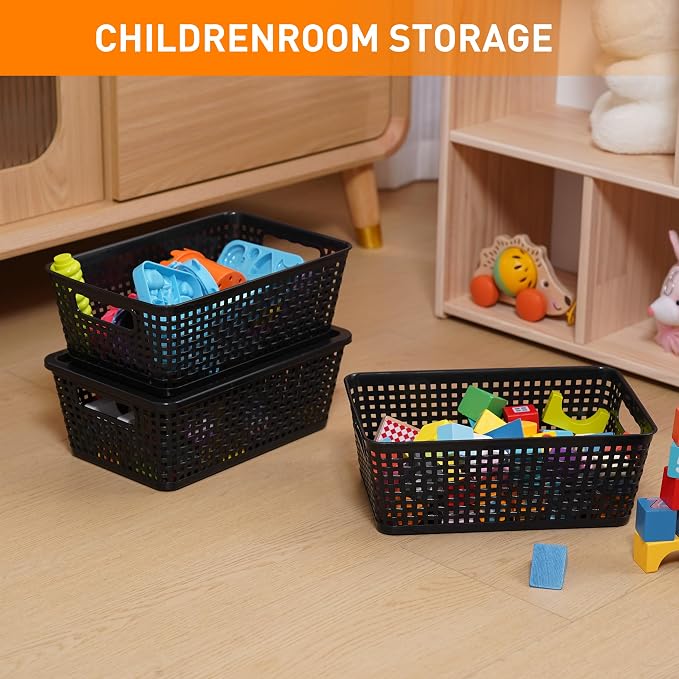 Plastic Storage Baskets With Lid, Storage Bins for Organizing, Stackable Decorative Containers for Shelves Drawers Desktop Closet Playroom Classroom Office, 8 Pack-Black - Image 7