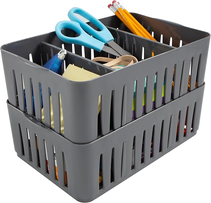 Simplify 4 Pack 3 Compartment Stackable Bin with Adjustable Dividers | Drawer Organizer | Storage Basket | Good for Office | Desk Supplies | Dorm | Bathroom | Accessories | Make Up | Grey - Image 5