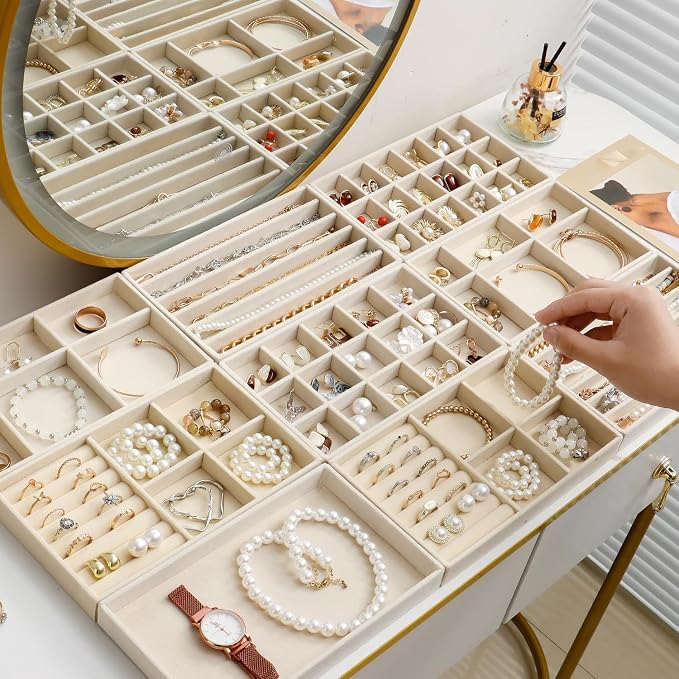 Stackable Jewelry Organizer Trays Set of 9, Small Velvet Jewelry Organizers Earring Necklace Ring Bracelet Display Case Storage for Drawer Dresser (Beige) - Image 2