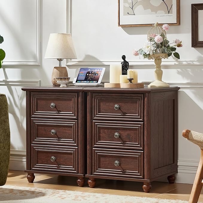 RWYHG 18" Farmhouse Night Stand, Walnut Wood Nightstand with 3 Drawers, Bedside End Table with Storage and Roman Column, Bed Side Tables Cabinet for Bedroom, Living Room, and Closet