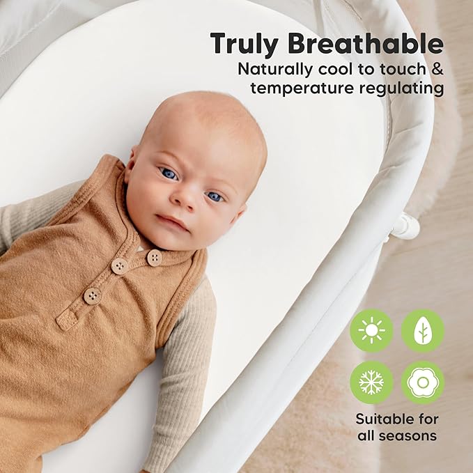 2-Pack Waterproof Bassinet Sheets Boy, Girl - 33x17 Baby Bassinet Mattress Protector Cover, Viscose Derived from Bamboo, Compatible with Graco, Baby Delight, Halo Bassinest Swivel Sleeper (Soft White)
