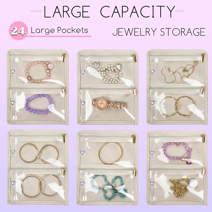 Travel Jewelry Organizer Case,Small Jewelry Bags for Traveling, Jewelry Binder with 24 Pcs Clear Zipper Velvet Pouches (Pink) - Image 3