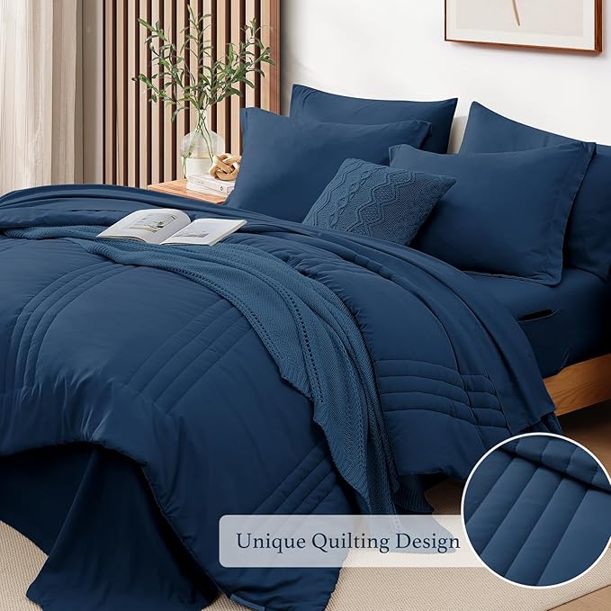 Monbix Full Size Comforter Set - 7 Pieces Serenity Blue Bed in a Bag, Full Size Bedding Sets with Comforters, All Seasons Comforter with Sheets,Pillowcases & Shams