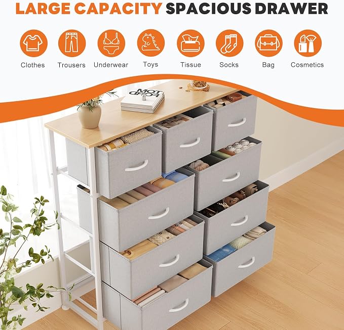 Sweetcrispy 9 Drawer Fabric Dresser Storage Tower with Wood Top and Steel Frame, Organizer Chest with Easy Pull Handles for Bedroom, Closet, Hallway,Light Gray - Image 5