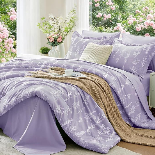 MUXHOMO Lavender Purple Bed in a Bag Queen 7 Pieces, Queen Comforter Set Reversible Botanical Flowers Design, Ultra Soft & Breathable Bedding Sets with Comforter, Sheets, Pillowcases & Shams