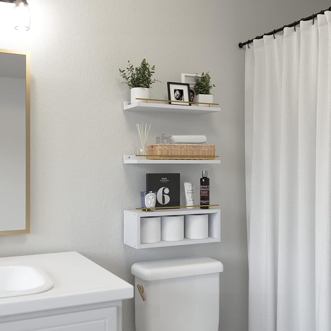 WOPITUES Floating Shelves for Wall with Cube Shelf, Wall Shelves with Metal Rail for Decor, Bathroom Organizers and Storage, Over Toilet Shelves for Bathroom, Toilet Paper-White&Gold - Image 5
