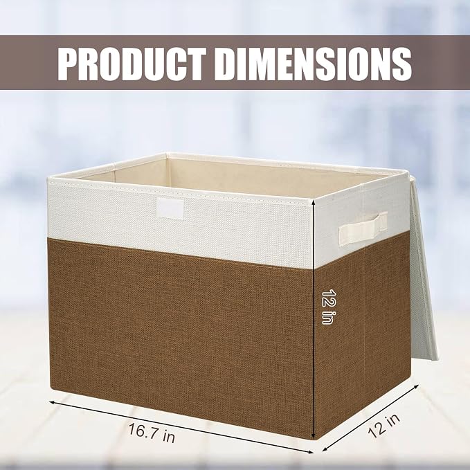 Large 17" 42 Quarts Collapsible Stackable Storage Bins with Lids [3-Pack] Foldable Fabric Linen Storage Boxes Cube, Closet Organizer Baskets with Label for Home (16.7 x 12 x 12", Brown & White) - Image 2