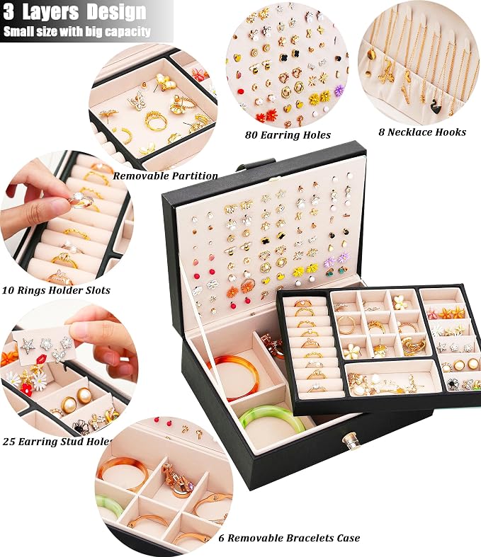 QBestry Womens Earrings Jewelry Box for Girls Jewelry Earring Organizer Box Earring Holder Organizer for Girls Jewelry Organizer Boxes for Women Girls Stud Earrings Organizers Jewelry Box Black - Image 3