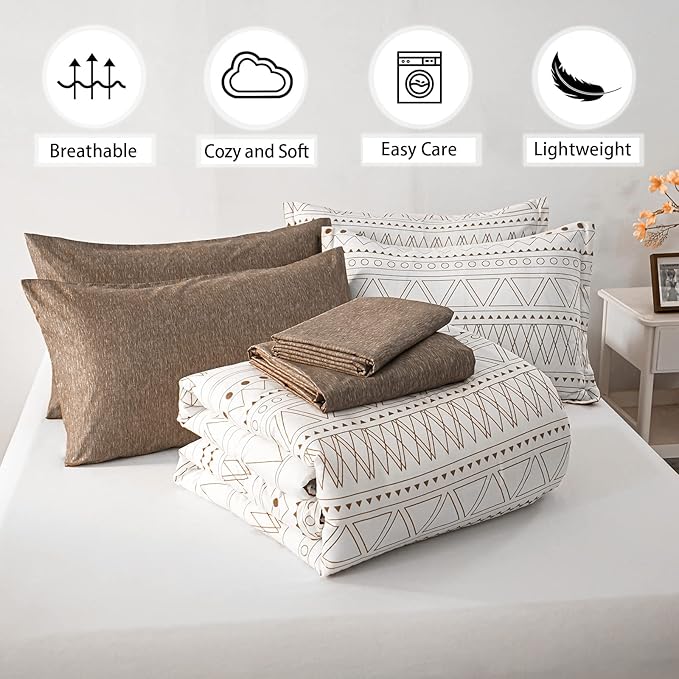 WONGS BEDDING Brown Boho Comforter Set Queen 7 Pieces Bed in a Bag Geometric Striped Comforter Reversible Soft Microfiber Bedding Set with Pillowcases,Flat Sheet,Fitted Sheet,Pillow Shams
