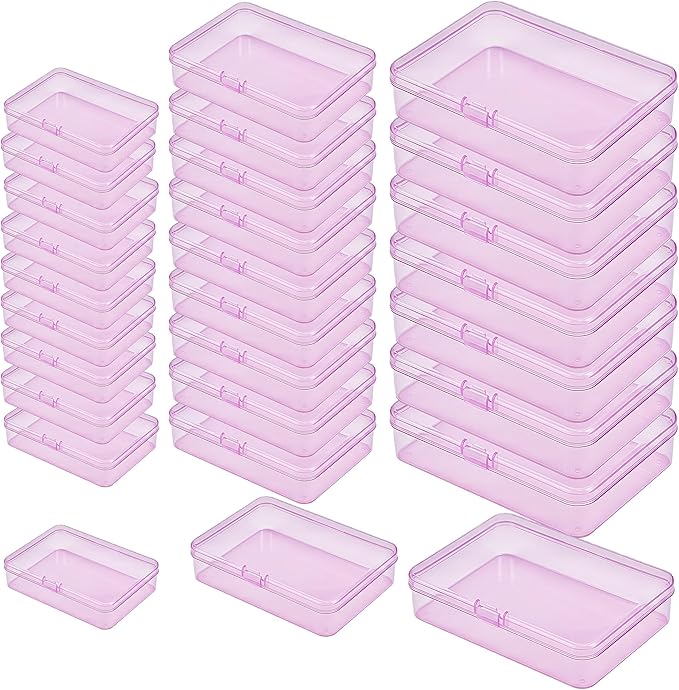 LJY 28-Piece Plastic Storage Containers with Lids (3 Assorted Sizes), Rectangular Organizer Box Set Pink Tinted Organizer Cases for Sewing, Stickers & Crafts, Color-Coded Storage, Pink