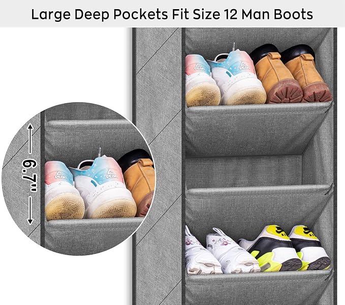 SLEEPING LAMB Over The Door Shoe Organizer for Closet with Large Deep Pockets, Narrow Shoe Rack for Door Hanging Boots Storage, Grey - Image 3