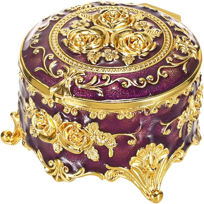Hipiwe Vintage Jewelry Box Small Trinket Storage Organizer Box Gold Metal Chest Ring Case Treasure Chest Round Keepsake Boxes for Earrings Necklace Gift for Women,Purple by Hipiwe