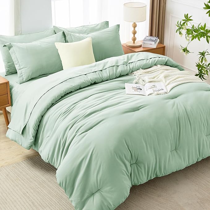 MUXHOMO 7 Pieces Queen Comforter Set, Soft Bed in a Bag Queen Size, All Season Bedding Set with Comforter, Flat Sheet, Fitted Sheet, Pillowcases & Shams, Sage Green